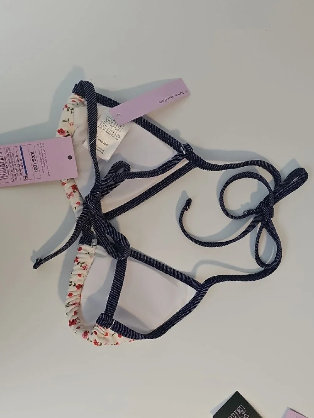 Wild Fable Women's XXS Off-White Floral & Cherry Print Bikini with Navy Trim